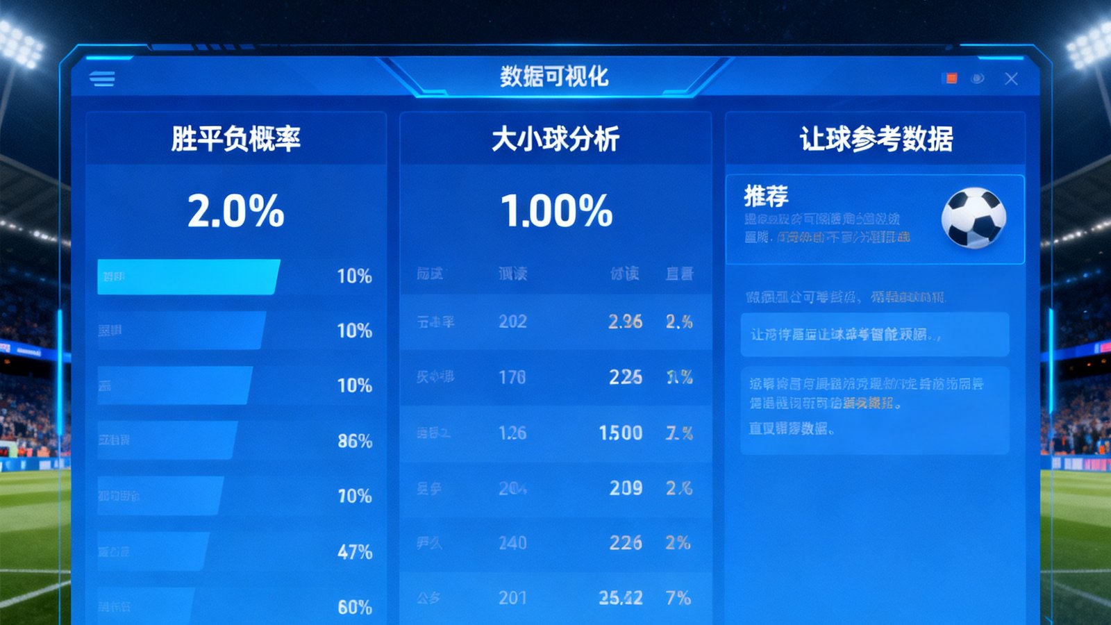 Bevictor伟德智能预测面板，显示胜平负概率、大小球分析和让球参考数据