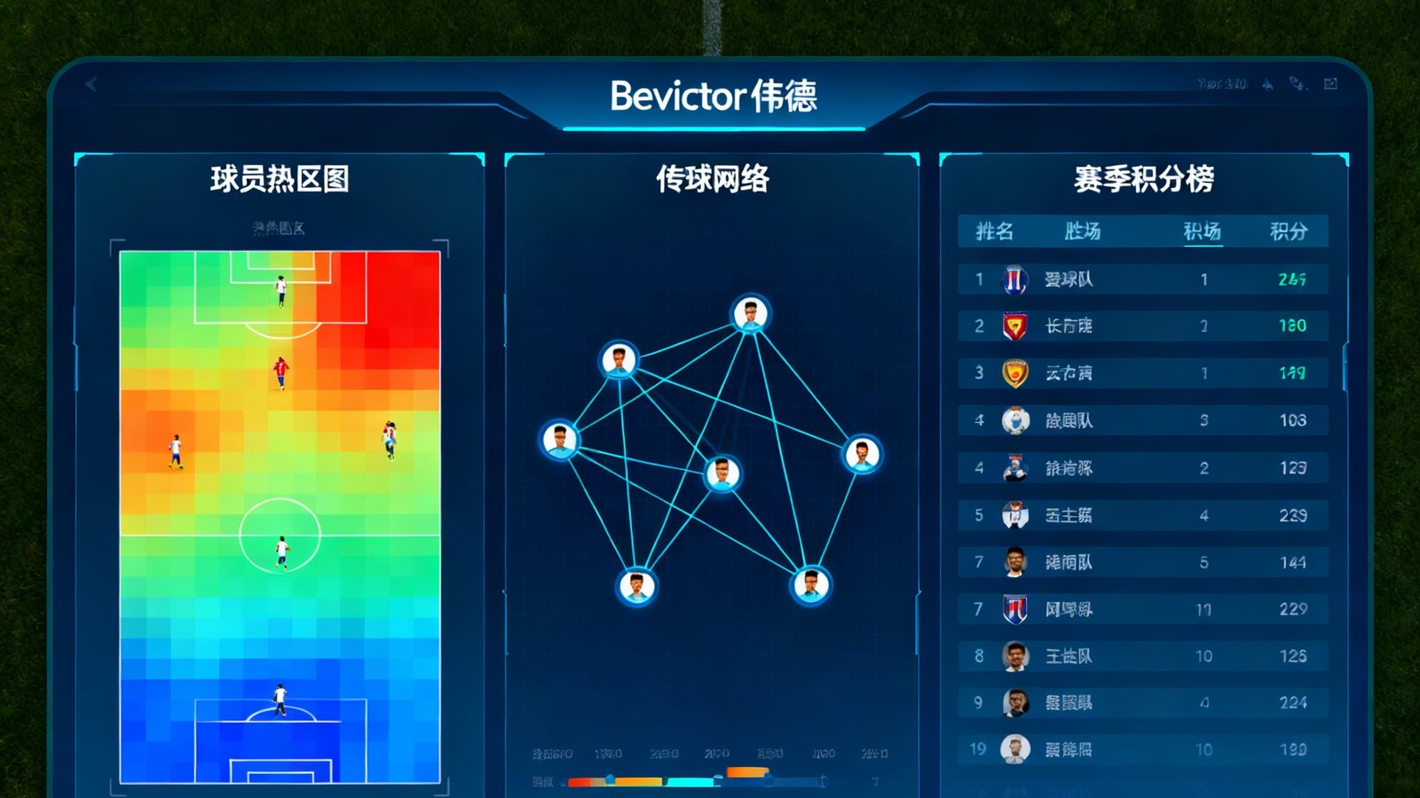 Bevictor伟德数据面板，显示球员热区图、传球网络和赛季积分榜